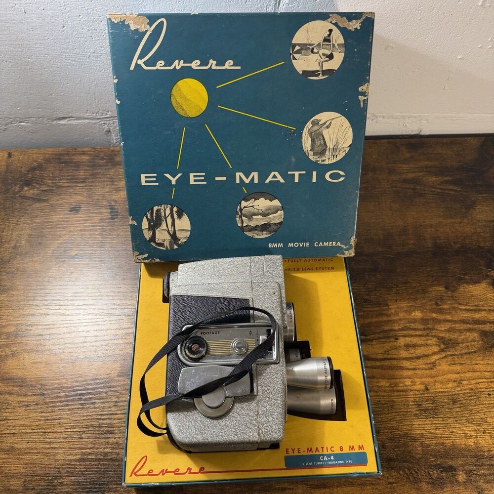 Revere Eye-Matic CA-4 8mm Movie Camera Wollensak Cine Raptar f/1.8 3 Lens W/ Box